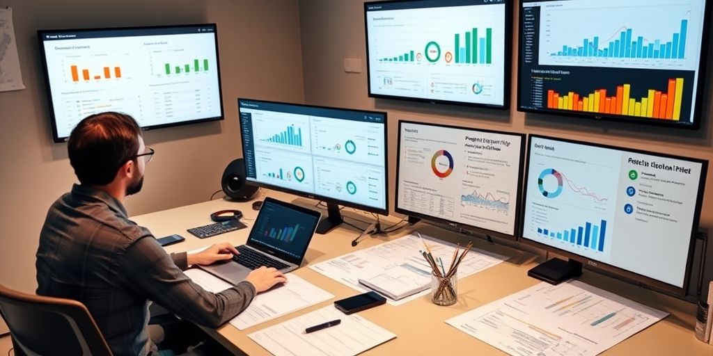 A focused desk with project plans, KPI dashboards on screens, and a team member updating metrics, illustrating disciplined execution and data-driven progress.
