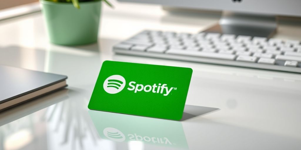 A high-resolution close-up of a Spotify gift card, vibrant green hues, glassy surface, modern typography, sitting on a clean desk with soft natural light, conveying trust, security, and easy digital access.