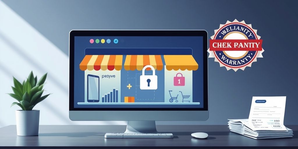 An illustrative composite showing three digital storefronts on a computer screen, with brand logos faded in, a secure checkout lock, and a receipt, under calm, professional lighting to signify reliability and warranty.