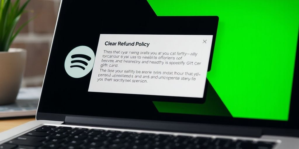 A close-up shot of a Spotify gift card design on a laptop screen with a clear refund policy popup, highlighting transparency and customer service.