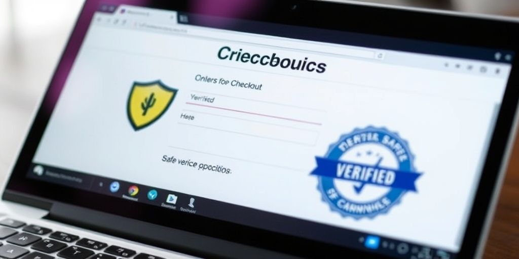 A close-up shot of a secure checkout page on a laptop with a shield icon and verified badge, symbolizing safe and reliable purchases.