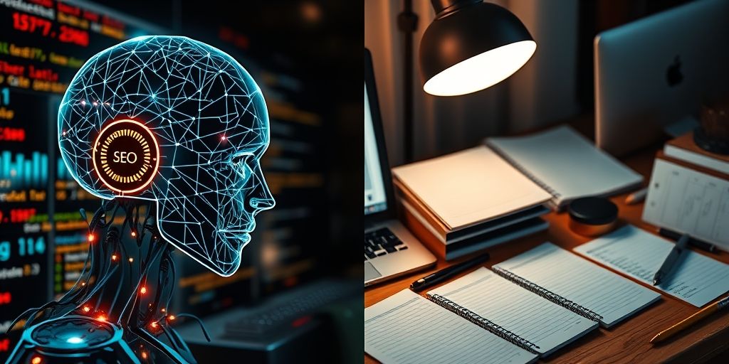 A split-scene: left side a futuristic AI analyzing website code with glowing neural network overlays, right side traditional SEO tools like notepads and keyword lists under warm desk lamp lighting, high detail