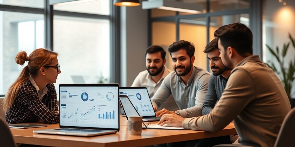 A modern Persian web team in an office, laptop screens showing SEO dashboards and AI suggestions, warm lighting, diverse colleagues discussing strategy, realistic and detailed