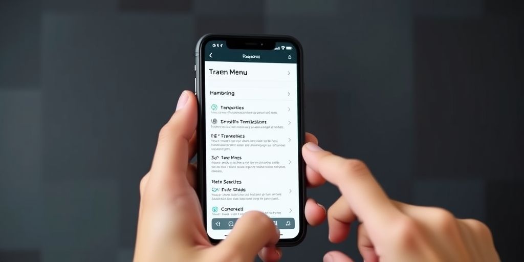 A person testing a responsive WordPress menu on a smartphone, showing hamburger menu opening, smooth transitions, and fully accessible keyboard navigation, with a clean mobile-first design.