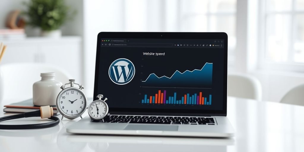 A clean website speed concept: laptop with performance graphs, stopwatch, and WordPress logo on screen, bright modern desk, soft natural lighting, clear focus on metrics.