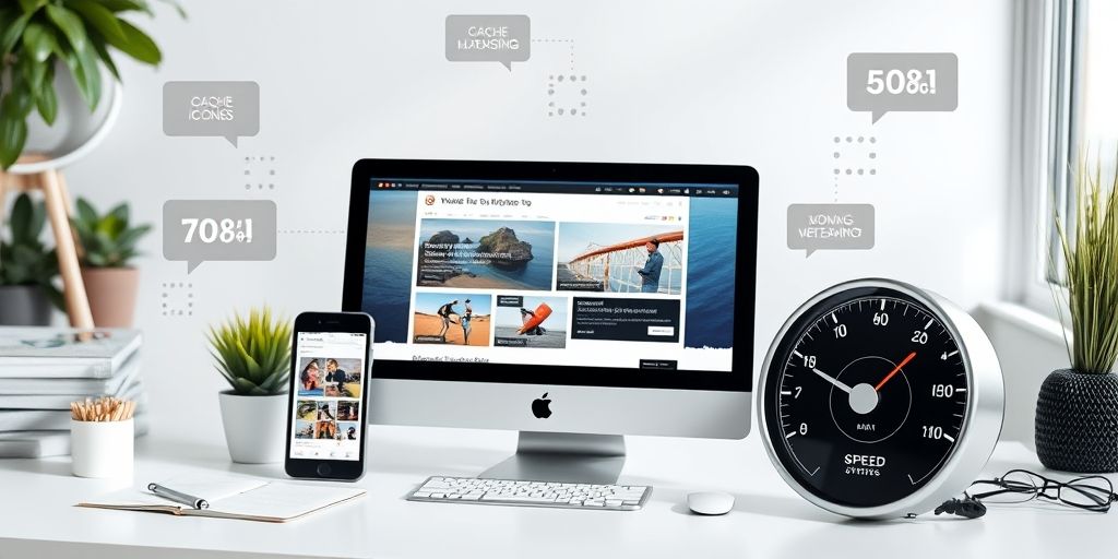 High-resolution image showing web optimization: responsive website mockup, compressed images, cache icons, code snippets, and a speed gauge on a bright workspace.