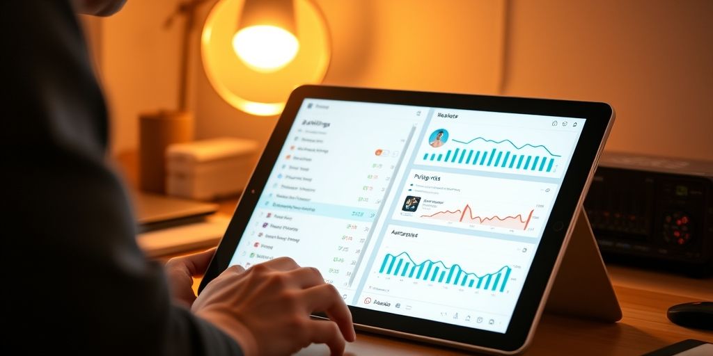 WordPress site optimization: developer adjusting settings on a dashboard, server icons, plugin list, and performance metrics visible on a tablet, warm studio light.