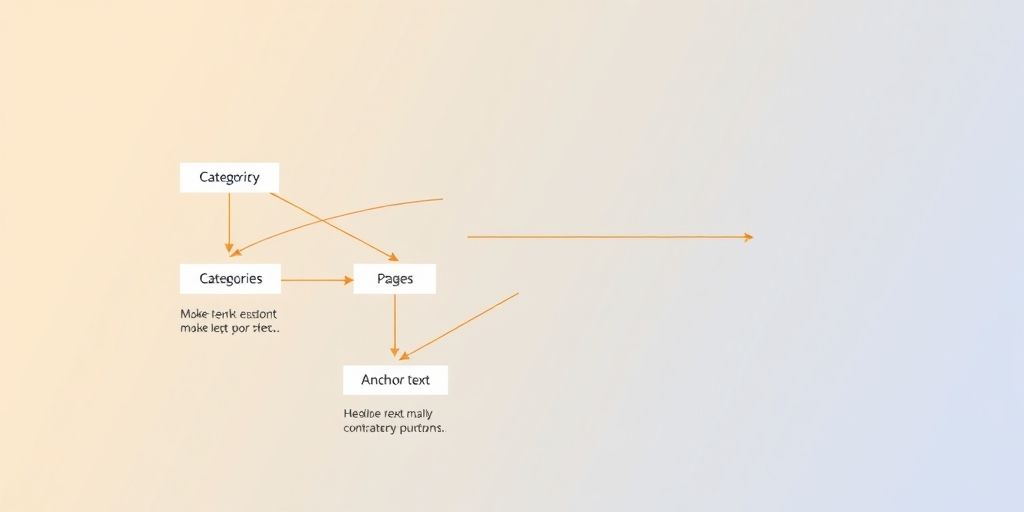 A detailed diagram of a WordPress site showing internal linking architecture: hierarchical categories, posts, pages, and anchor text distribution with arrows and color-coded paths, clean typography, and a soft gradient background.