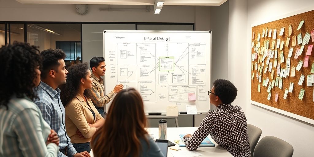 A diverse team around a whiteboard planning an internal linking strategy, with flowcharts, KPI charts, color-coded connecting lines, and post ideas pinned on a corkboard in a bright, productive office.