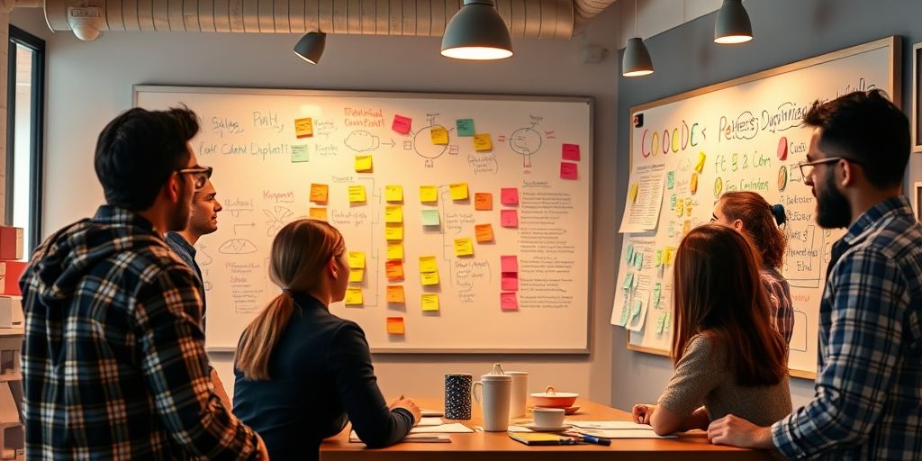 A close-up shot of a brainstorming session in a modern startup office, diverse team, whiteboards filled with ideas, sticky notes, warm lighting, vibrant colors, conveying collaborative innovation and breakthrough thinking.