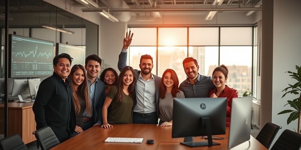 A leadership team celebrating a successful pivot in a sleek office, screens showing metrics, confident smiles, natural light; cinematic, high-detail, aspirational.