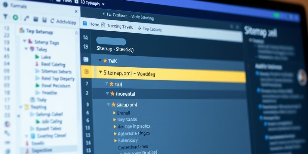 A close-up of a modern developer’s monitor displaying a WordPress sitemap workflow, with sitemap.xml highlighted, color-coded icons, and a neat UI, inviting learning and action.