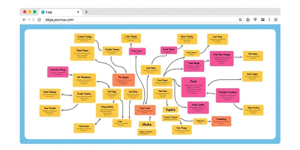 An inviting, high-detail illustration of a website sitemap diagram inside a web browser, highlighting sections for posts, pages, and media, with vibrant colors and clean typography.