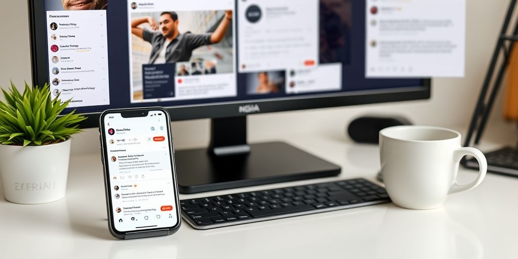 A minimalistic desk setup featuring a smartphone feed with Persian language posts, mockups on a monitor, and a coffee cup, illustrating content planning, trend tracking, and audience engagement across social platforms.
