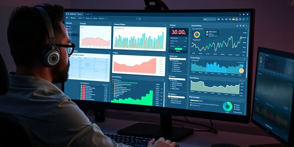 A professional WordPress administrator reviewing a complex dashboard on a large monitor, focusing on analytics widgets, security alerts, and user activity with soft ambient lighting.