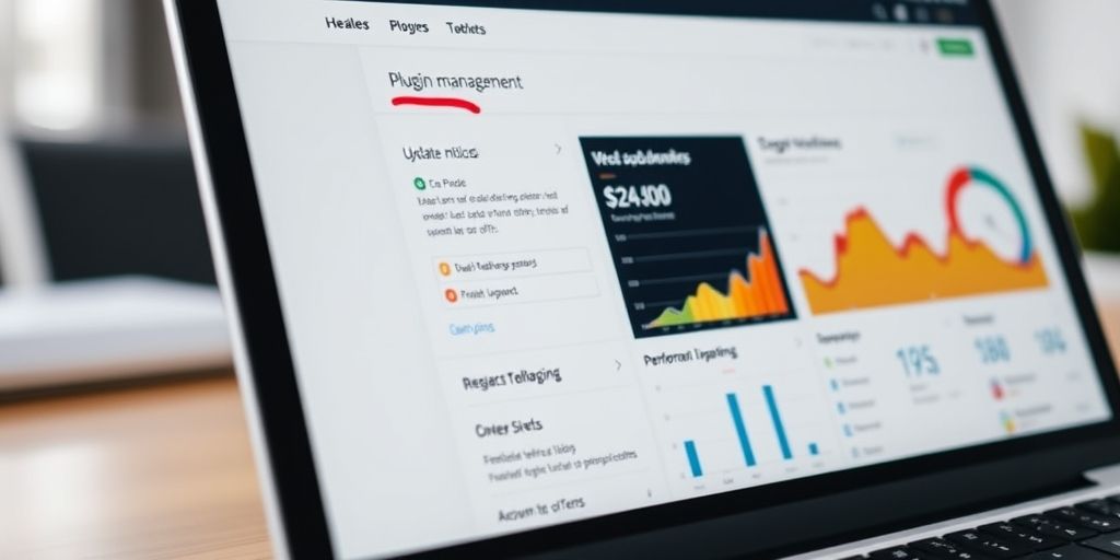 Close-up of a modern WordPress dashboard on a laptop, showing plugin management, update notices, and a colorful performance chart, with clean UI and high-contrast visuals.