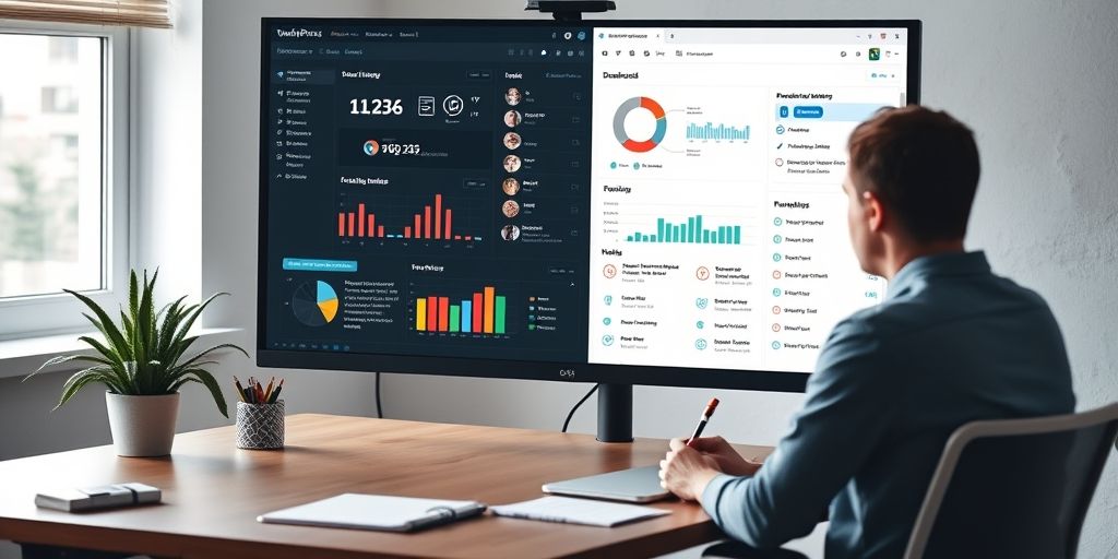 A calm workspace with a person taking notes beside a large monitor displaying a WordPress dashboard, charts, and a checklist, conveying planning and ongoing maintenance.