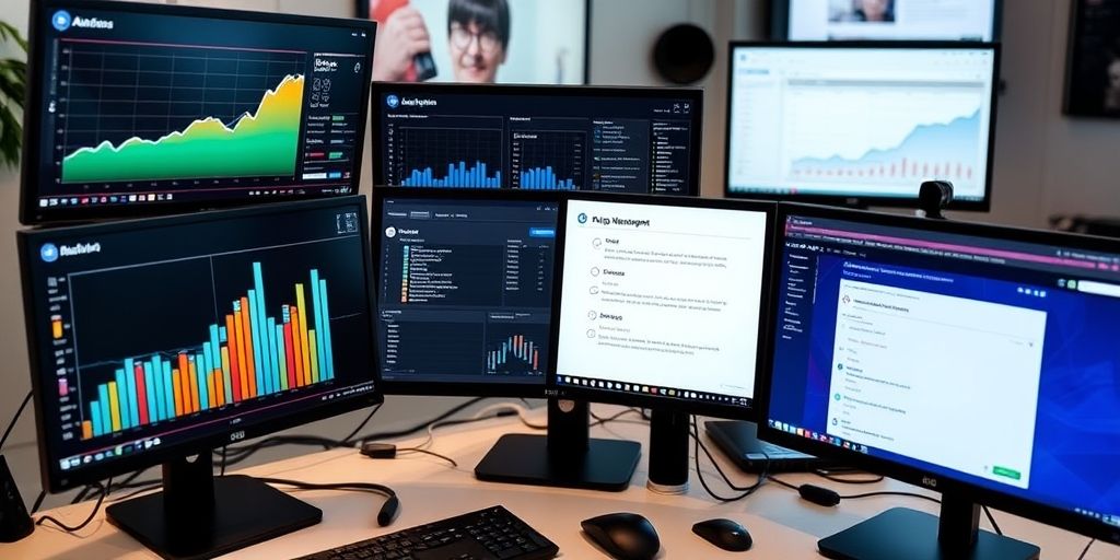 A clean workstation with multiple monitors showing analytics charts, plugin management tabs, and a checklist on the screen, symbolizing ongoing monitoring and reporting.