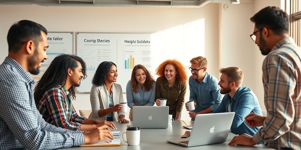 A practical close-up of a diverse startup team brainstorming in a modern office, whiteboards with metrics, laptops and coffee mugs, warm daylight, candid interaction, conveying ambition, collaboration, and intense problem-solving.