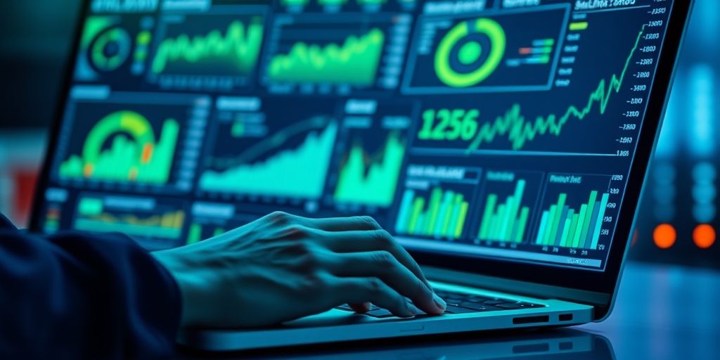 A data-driven chart scene with graphs, dashboards, KPI indicators, hands typing on laptop, green and blue color palette, cinematic lighting, illustrating valuation models in practice.