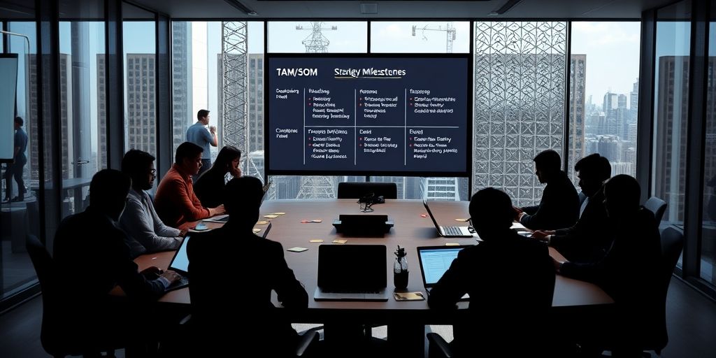 A strategic meeting in a glass-walled conference room, silhouettes of stakeholders, laptops, sticky notes, and a large screen showing TAM/SOM, fundraising milestones, and strategic milestones to align on growth.