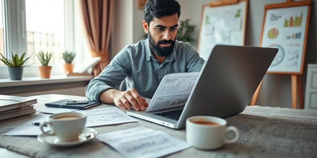 A close-up shot of a Persian entrepreneur in a cozy home-office, analyzing a niche market on a laptop, with scattered notes, a cup of tea, and a whiteboard, warm lighting, conveying precise focus and strategic thinking.
