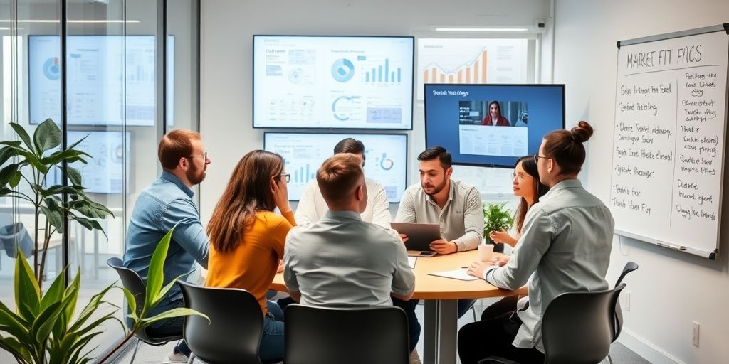 A diverse project team collaborates in a glass-walled meeting room, blueprints and dashboards on screens, corner plants, and a whiteboard with market-fit ideas, illustrating teamwork, data-driven decision-making, and cross-functional alignment for niche marketing campaigns.