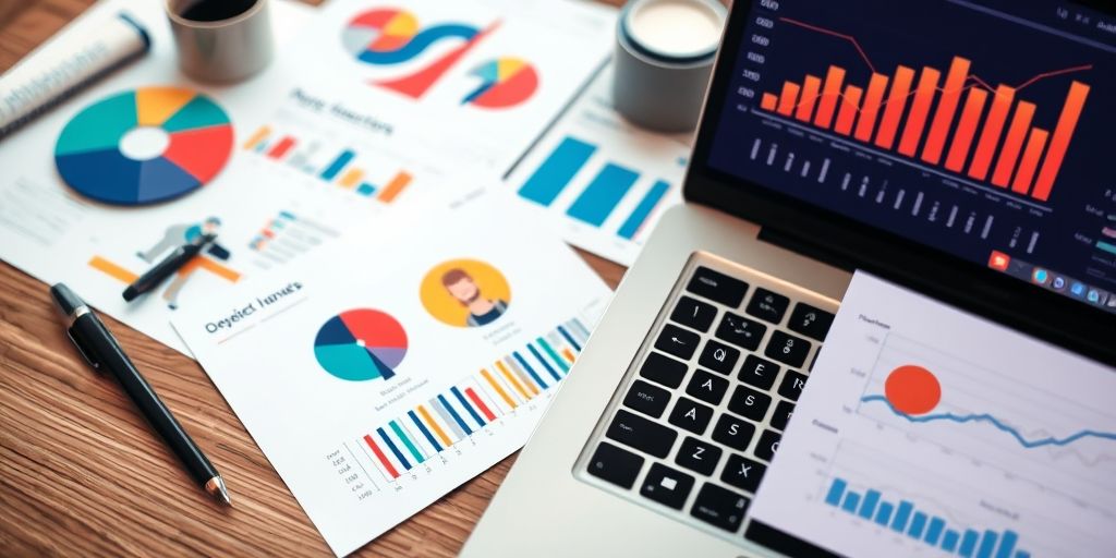 A close-up shot of a niche-focused marketing strategy workspace, with colorful charts, customer personas on paper, and a laptop displaying analytics, conveying focus and precision in digital marketing.