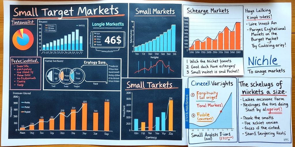 An analytical workspace showing small target markets, with charts, graphs, and notes emphasizing niche identification, illustrating the challenges of limited market size.