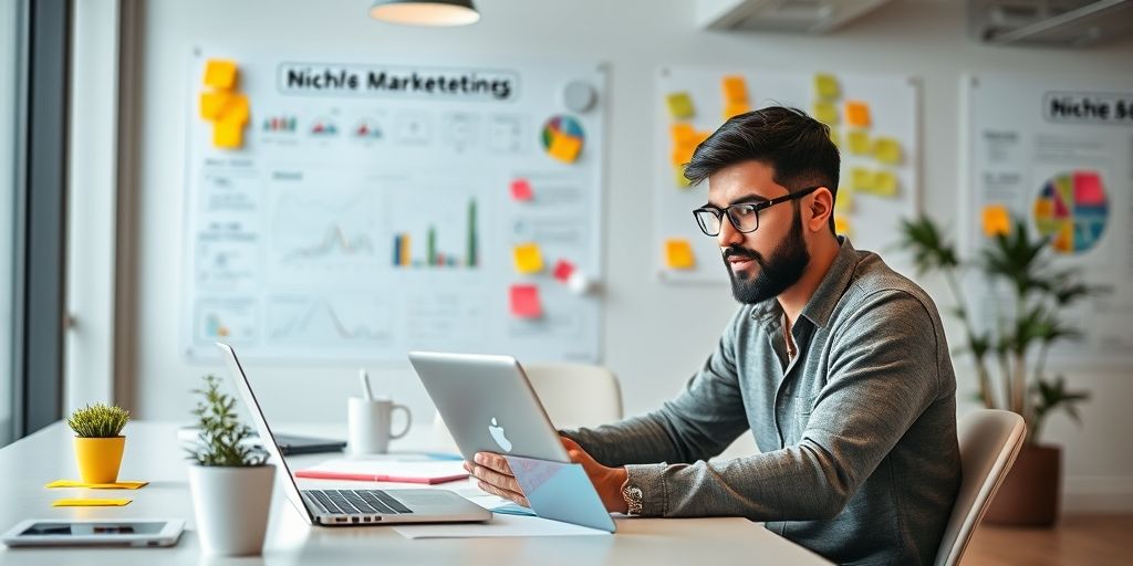 A modern coworking space with a Persian entrepreneur analyzing niche marketing opportunities on a laptop, surrounded by colorful charts, sticky notes, and a calm, focused atmosphere that conveys strategic clarity and growth potential.