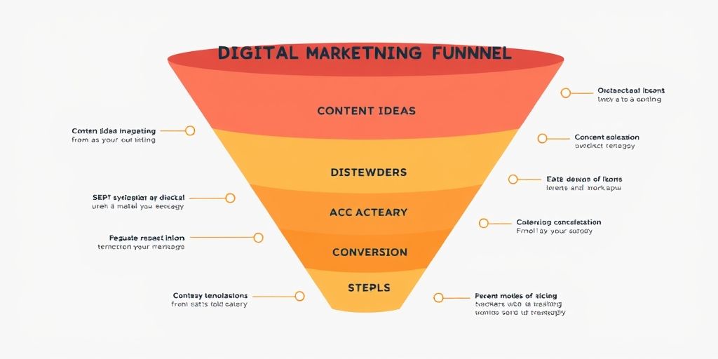 An illustration of a digital marketing funnel tailored to a niche audience, featuring content ideas, SEO keywords, and conversion steps, with a warm color palette and clean typography.