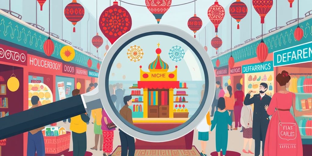 A sleek flat-style illustration of a magnifying glass focusing on a small colorful niche in a crowded digital marketplace, Persian motifs, high contrast, clean composition