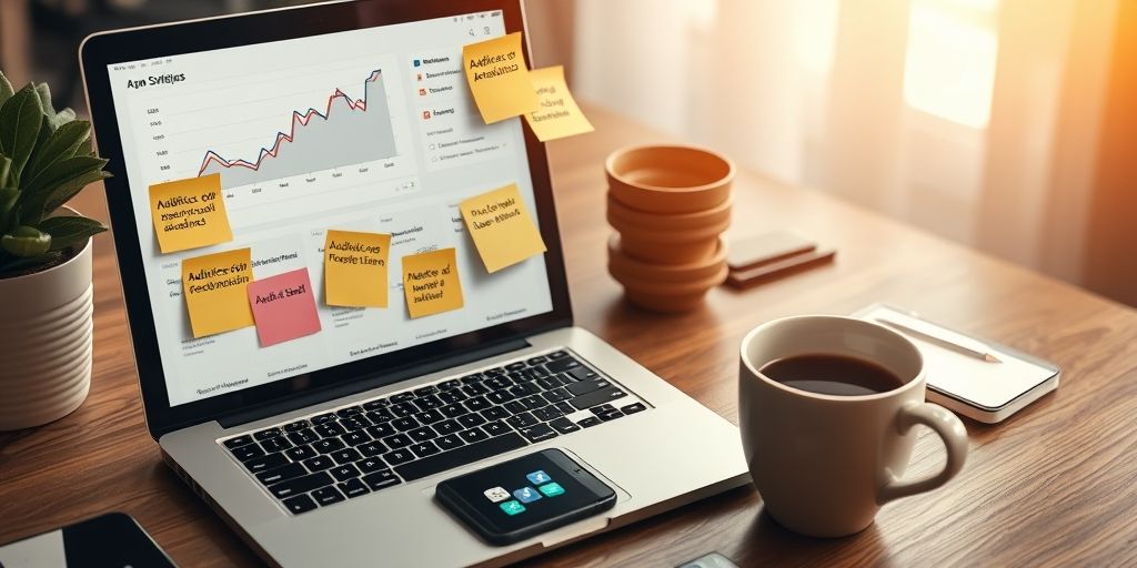 A detailed workspace photo: laptop displaying analytics, sticky notes with audience personas in Persian, smartphone with social icons, coffee cup, warm natural light