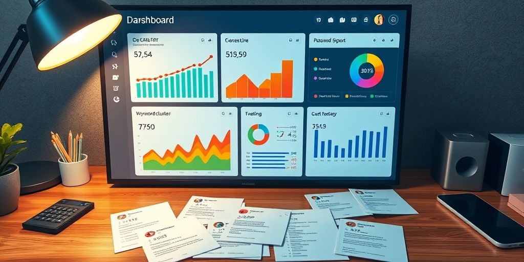 A modern dashboard with colorful charts, Persian-language analytics, keyword clusters, and user persona cards spread on a wooden desk, realistic lighting