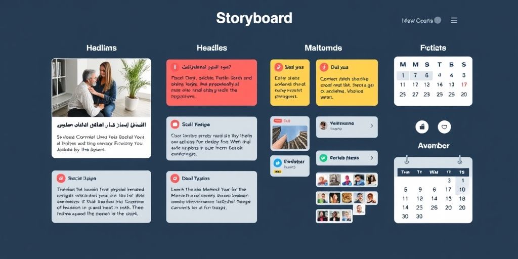 A content strategy storyboard with Persian headlines, blog topics, social media thumbnails, and a calendar, vibrant colors and clear typography