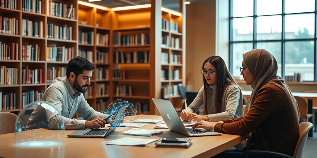 A modern university library scene with researchers collaborating around a desk, holographic AI writing tools on laptops, tall shelves, warm lighting, conveying a high-tech yet scholarly Persian research environment.