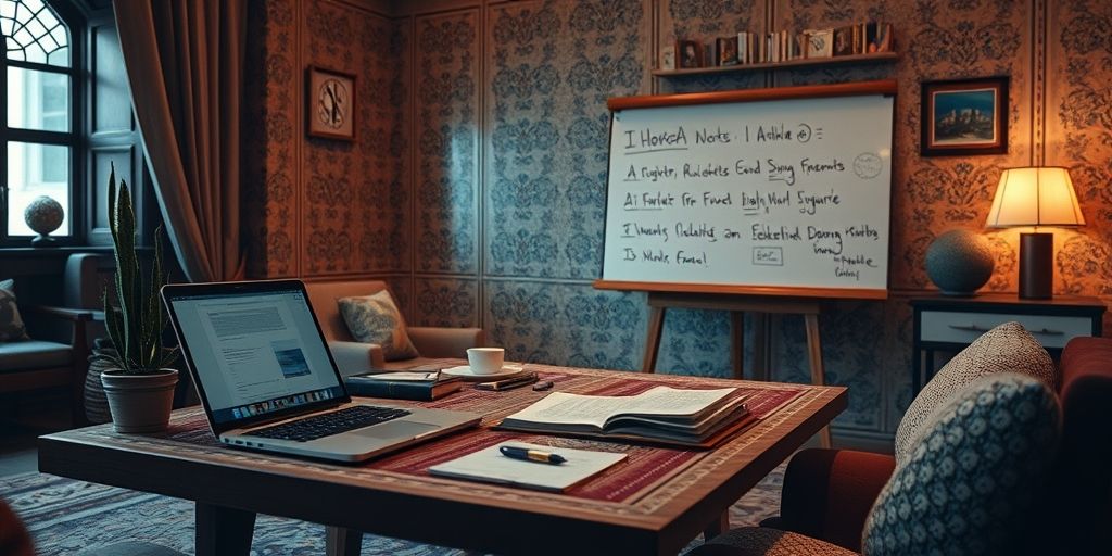 A highly detailed concept image of AI-assisted content creation in a modern Persian writing room, featuring a laptop, paper notes, a whiteboard with ideas, warm lighting, and a subtle blend of human and AI collaboration.