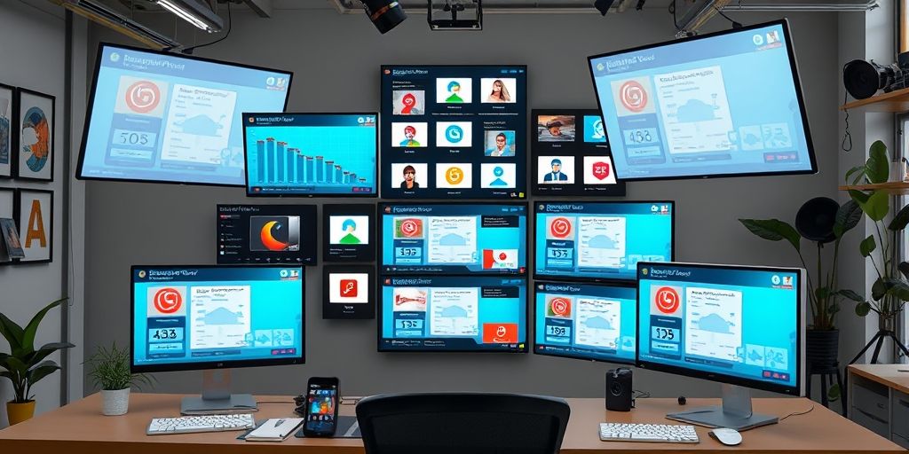 A mid-section creative image showing AI-assisted content planning for social media, with multiple screens, social icons, and Persian captions in a dynamic workspace.