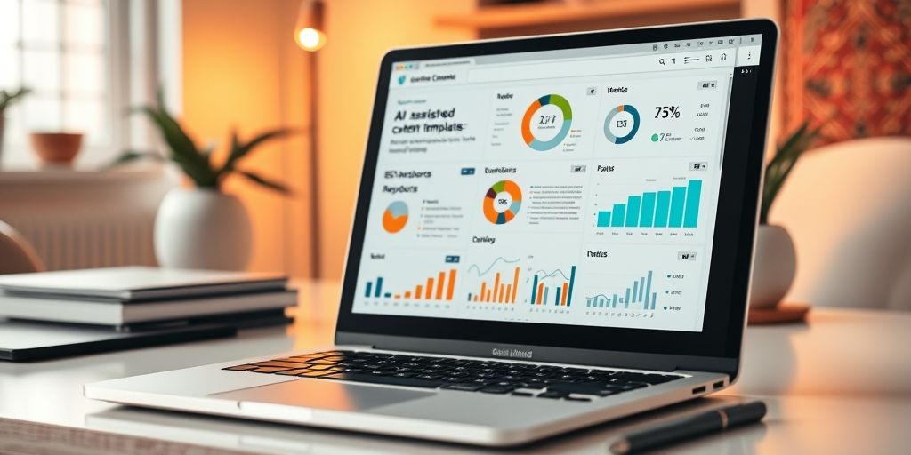 A close-up of a modern workspace with a laptop displaying AI-assisted content templates, SEO dashboards, and keyword charts; warm lighting, clean desk, and subtle Persian decor elements convey thoughtful, human-centered content creation.