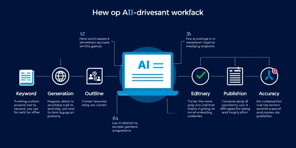 A cinematic infographic of AI-driven content workflow, showing keyword research, outline generation, drafting, editing, and publishing stages, with collaboration icons and accuracy indicators, all in a sleek, modern Persian-friendly design.