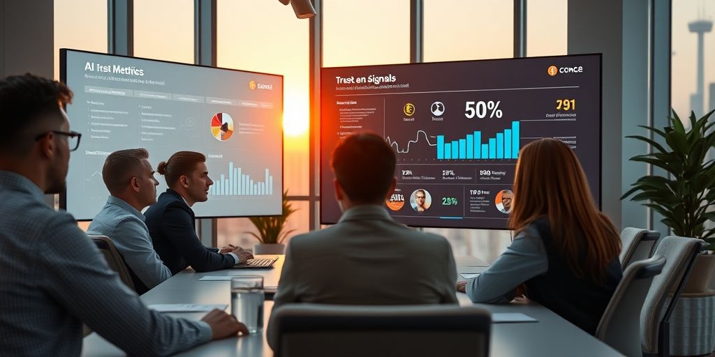 A futuristic office meeting scene with diverse team evaluating AI-generated content, looking at a large screen showing SEO metrics and trust signals, with soft sunrise light through windows and a calm, collaborative mood.