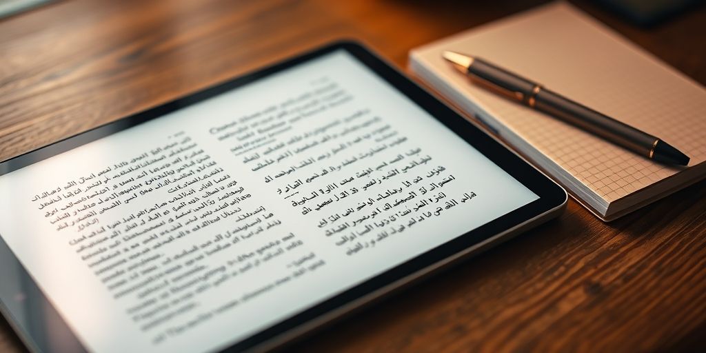 A close-up of a modern e-reader showing a well-organized ebook layout, AI-assisted editing overlays on the text, warm ambient light, a notebook and pen beside, conveying productive, writer-friendly technology for Persian books.