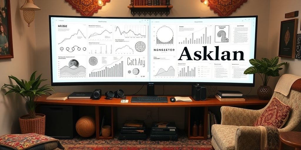 An author studio with a large monitor displaying AI-generated outlines, charts, and typography, with cozy Persian elements in the background, suggesting collaboration between author and AI.