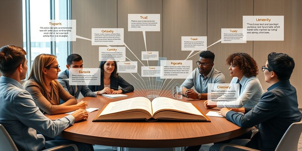 A diverse team discussing an ebook on a conference table, with holographic AI tools projecting glossaries and semantic maps, illustrating trust, transparency, and high-quality content for readers.