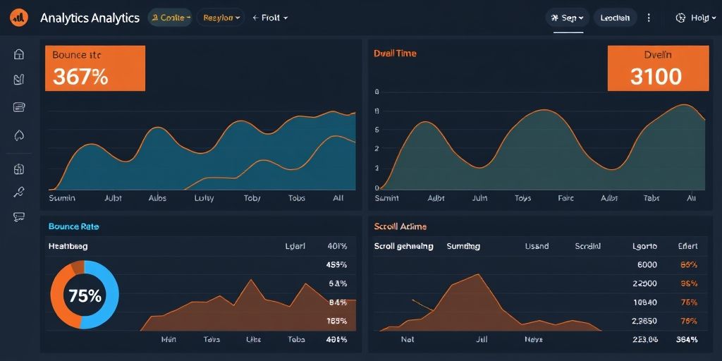 A medium shot of a multilingual analytics dashboard comparing bounce rates and dwell time across devices, with visual heatmaps and scroll behavior, conveyed with clear labels and actionable insights for SEO teams.