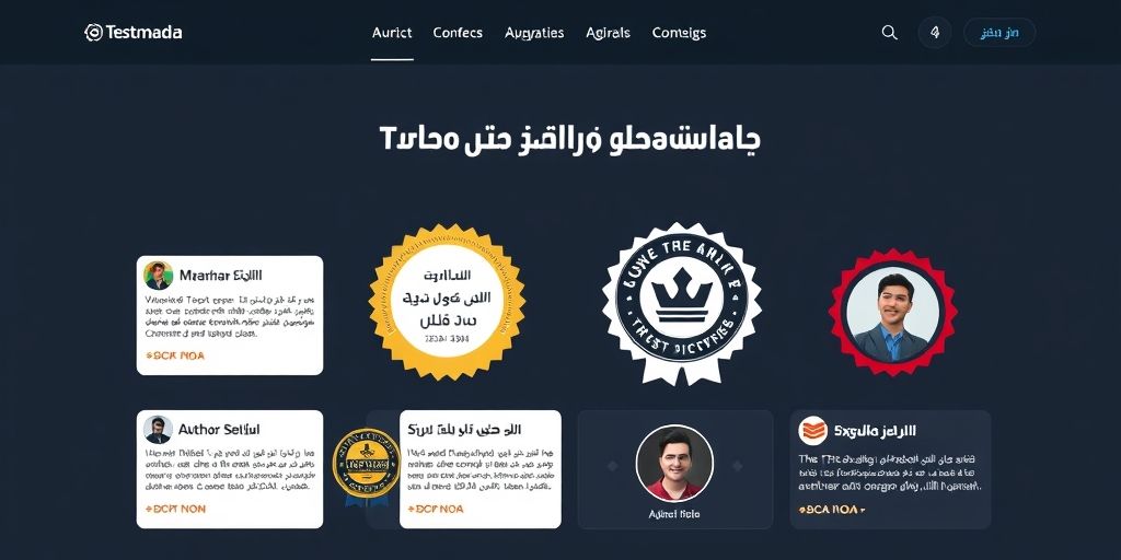 An awards-like showcase of trust signals on a homepage: testimonials, security badges, author bios, and schema markup in Persian, presented in a clean, high-contrast layout.