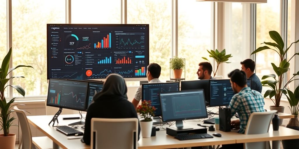 A modern creative workspace with AI-driven data dashboards on screens, a team of Persian marketers collaborating, warm natural light, and a sense of curiosity about SEO evolution.