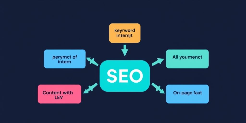 A stylized flowchart showing AI-powered SEO processes: keyword intent, content generation, on-page optimization, and performance analytics