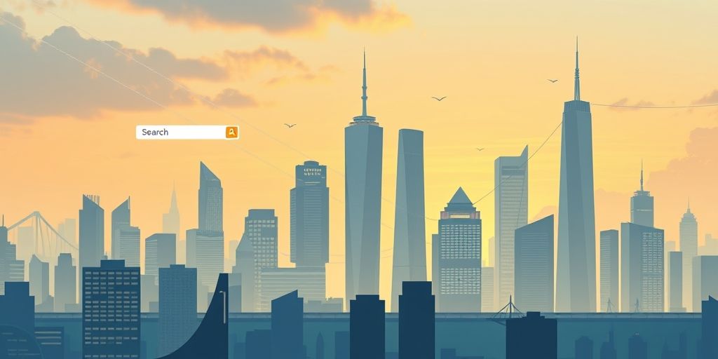 A futuristic cityscape representing AI-enhanced digital marketing success, with search signals, happy website owners, and soaring analytics meters.