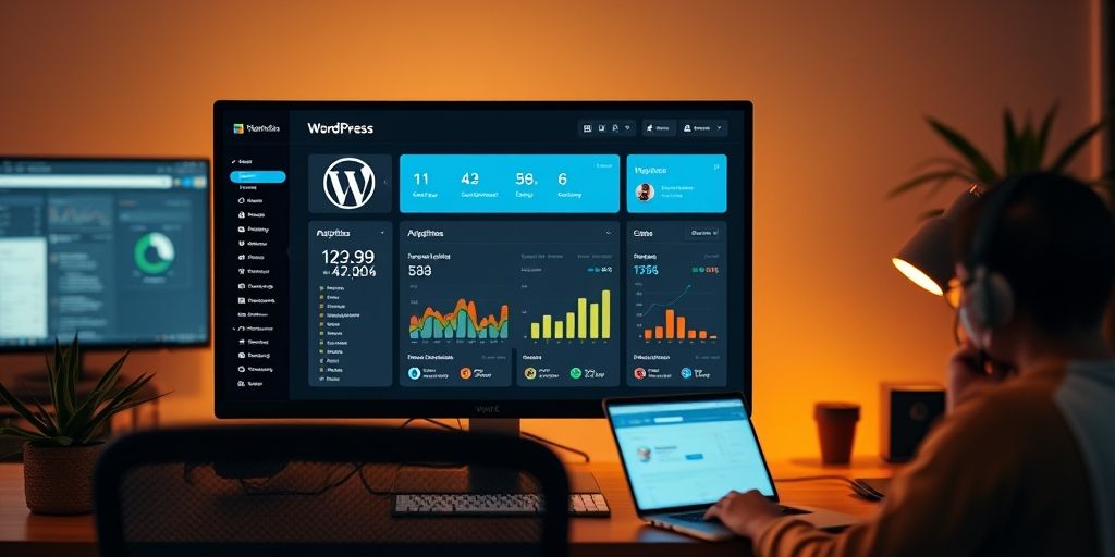A clean, modern WordPress dashboard on a monitor with clear widgets and analytics, inviting workers to take action, warm lighting for a friendly, productive vibe.